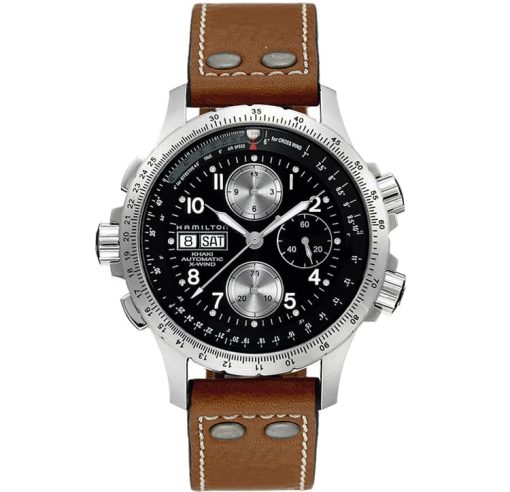 Hamilton Khaki Aviation X-Wind Auto Chrono Black Dial Brown Leather Watch, 44mm
