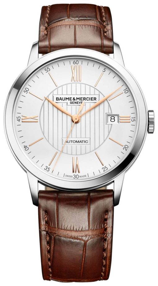 Baume & Mercier Classima Automatic White Opaline Dial Brown Alligator Leather Watch, 40mm