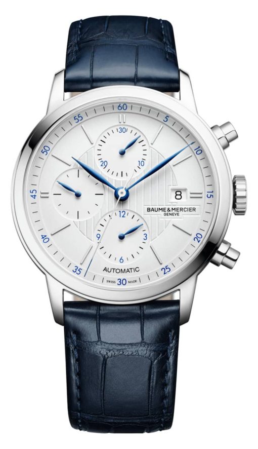 Baume & Mercier Classima Automatic Chronograph Silver Opaline Dial Blue Alligator Leather Watch, 42mm