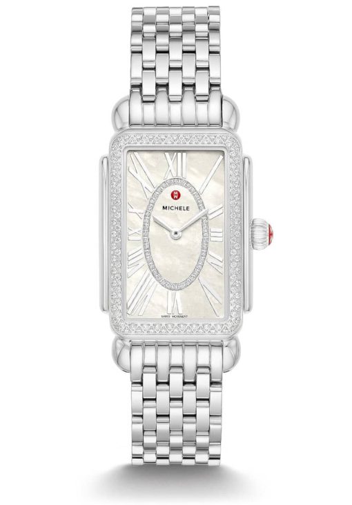 Michele Deco Park  White MOP w/ Diamond Dial Stainless Steel Watch, 26.5mm x 37mm