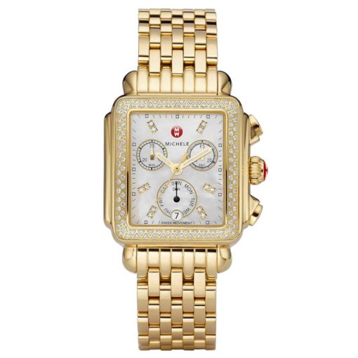 Michele Deco Chronograph MOP w/ Diamond Dial Gold-Tone Bracelet Watch, 33mm x 35mm