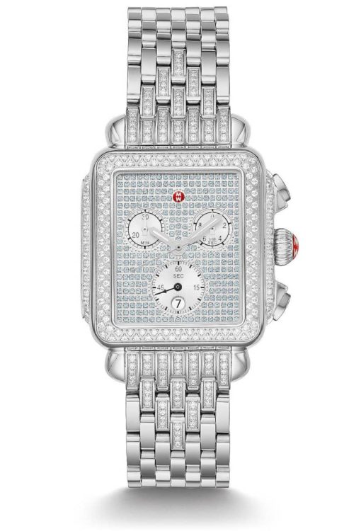 Michele Deco Chronograph Pave Sapphire & Diamond Dial Silve-Tone Bracelet Watch, 33mm x 35mm