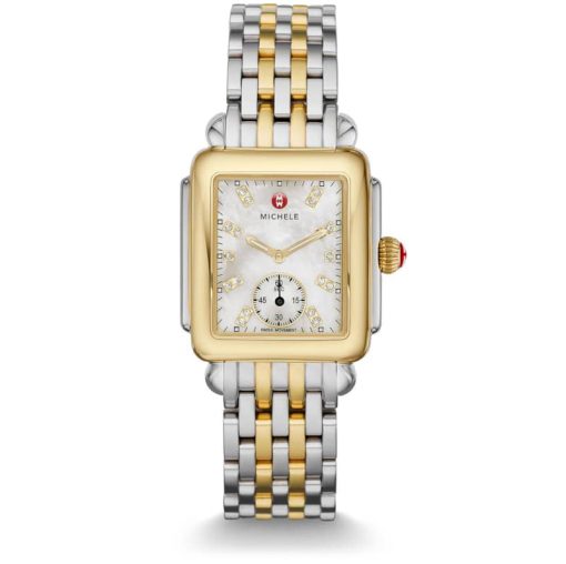 Michele Deco Mid MOP w/ Diamond Dial Two-Tone Bracelet Watch, 29mm