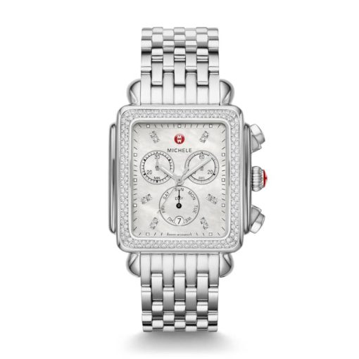 Michele Deco XL Limited Edition Chronograph MOP w/ Diamond Dial Silver Bracelet Watch, 36mm