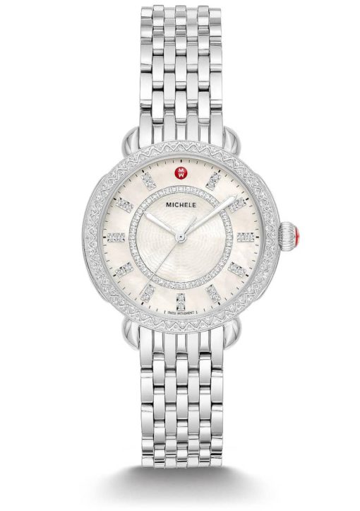 Michele Sidney Classic MOP w/ Diamond Dial Silver Bracelet Watch, 33mm