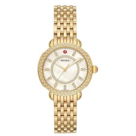 Michele Sidney Classic MOP w/ Diamond Dial Gold Bracelet Watch, 33mm