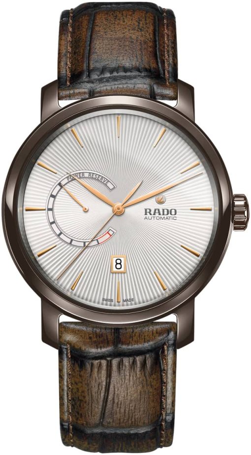 Rado DiaMaster Automatic Power Reserve White Dial Brown Leather Watch, 43mm