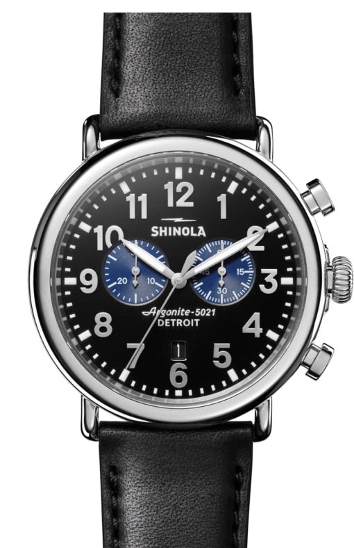 Shinola The Runwell Chrono Black Dial Leather Strap Watch, 47mm