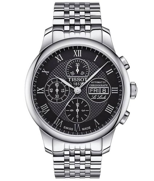 Tissot Le Locle Valjoux Automatic Chronograph Black Dial Grey Stainless Steel Bracelet Watch, 42.3mm