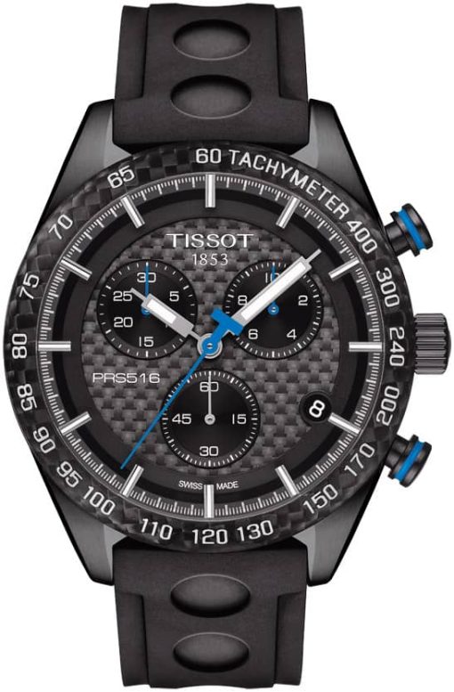 Tissot PRS 516 Quartz Chronograph Black Carbon Dial Rubber Strap Watch, 42mm