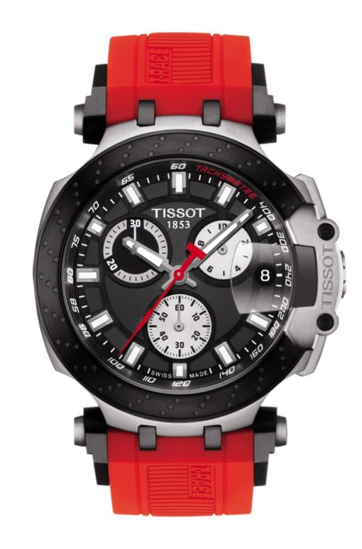 Tissot T-Race Chronograph Black Dial Red Silicone Strap Watch, 43mm