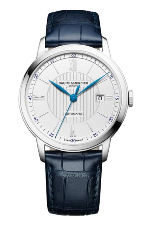 Baume & Mercier Classima Automatic Silver Opaline Dial Blue Alligator Leather Watch, 42mm