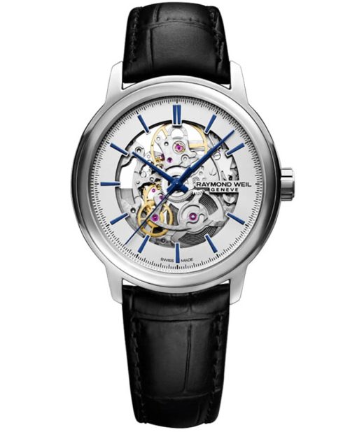 Raymond Weil Maestro Automatic Skeleton Silver Dial Black Leather Strap Watch, 39.5mm
