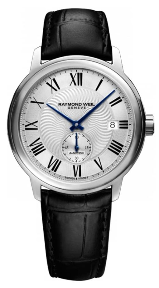 Raymond Weil Maestro Automatic Silver Dial Black Leather Strap Watch, 39.5mm
