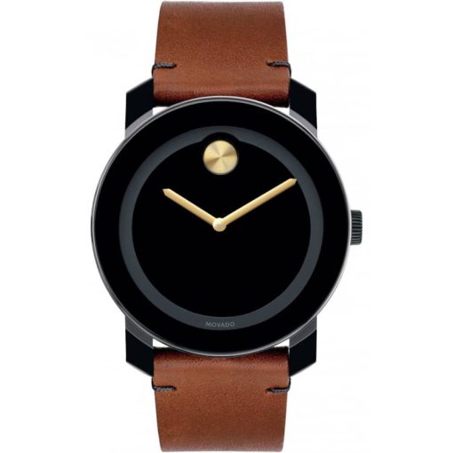 Movado BOLD TR90 Black w/ Gold-Tone Accents Dial Cognac Colorado Bull Leather Strap Watch, 42mm