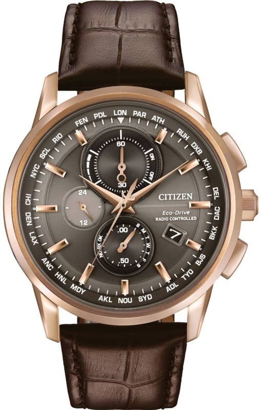 Citizen Eco-Drive World Chronograph A-T Grey Dial Brown Leather Strap Watch, 43mm