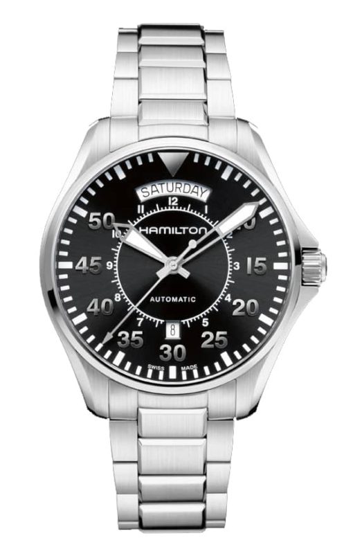 Hamilton Khaki Aviation Pilot Day Date Auto Black Dial Stainless Steel Bracelet Watch, 42mm