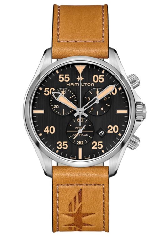 Hamilton Khaki Aviation Pilot Chrono Quartz Black Dial Brown Leather Watch, 44mm