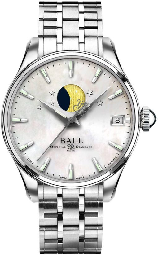 Ball Engineer Trainmaster Moonphase Mother-Of-Pearl Dial Silver-Tone Watch, 34mm