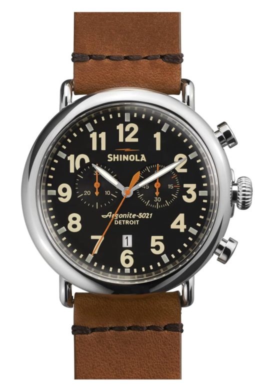 Shinola The Runwell Chrono Black Dial Tan Strap Watch, 47mm