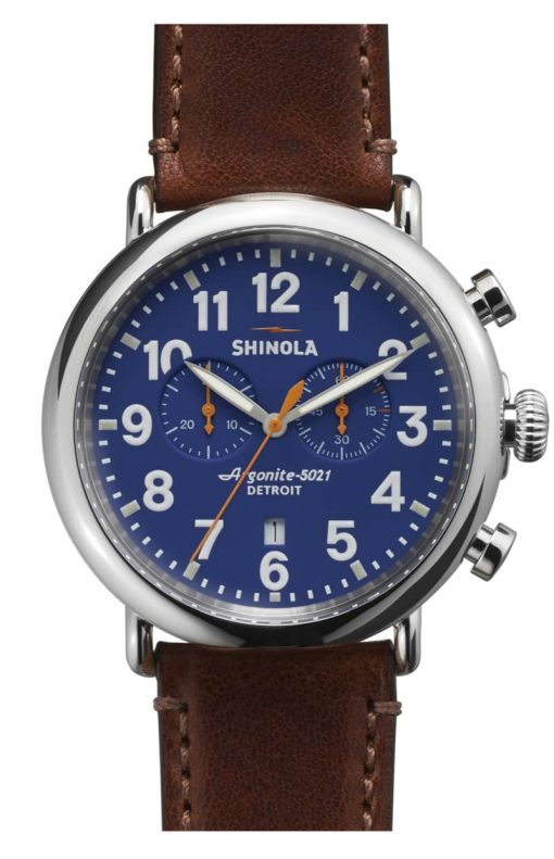 Shinola The Runwell Chrono Blue Dial Teak Leather Strap Watch, 47mm
