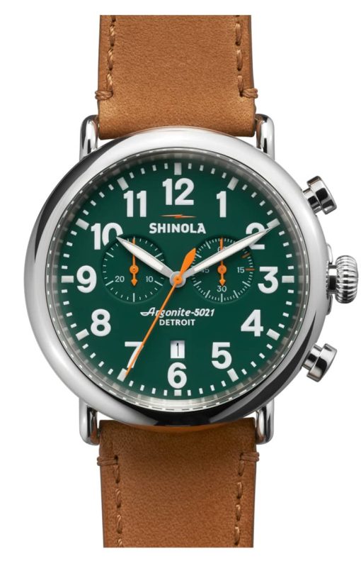 Shinola The Runwell Chrono Green Dial Brown Leather Strap Watch, 47mm