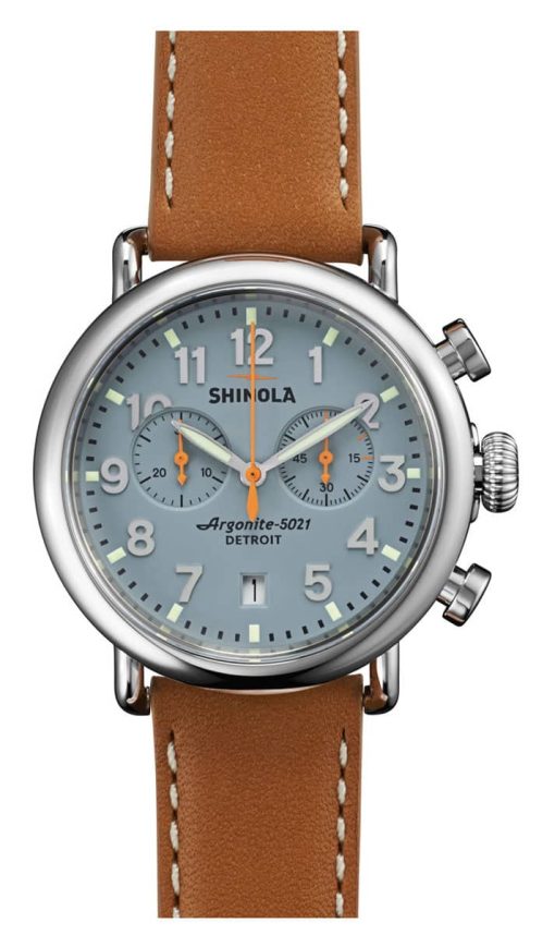 Shinola The Runwell Chrono Slate Blue Dial Tan Leather Strap Watch, 41mm