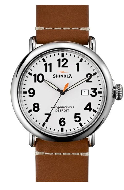 Shinola The Runwell White Dial Maple Leather Strap Watch, 47mm