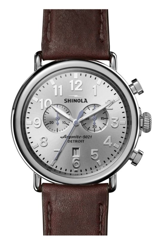 Shinola The Runwell Chrono Silver Sunray Dial Brown Leather Watch, 47mm