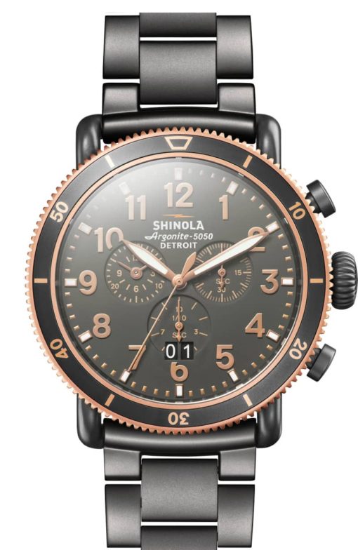 Shinola The Runwell Sport Chrono Stone Dial Sandblast PVD Gunmetal Bracelet Watch, 48mm