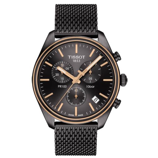 Tissot PR 100 Chronograph Anthracite Dial Gun Stainless Steel Bracelet Watch, 41mm