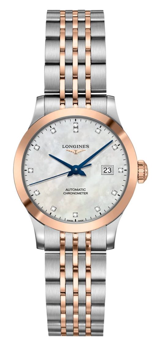 Longines Record Collection Stainless Steel And Rose Gold Watch, White MOP Dial, 30mm