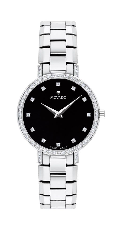Movado Faceto Black w/ Diamonds Dial Silver Link Bracelet Watch, 28mm