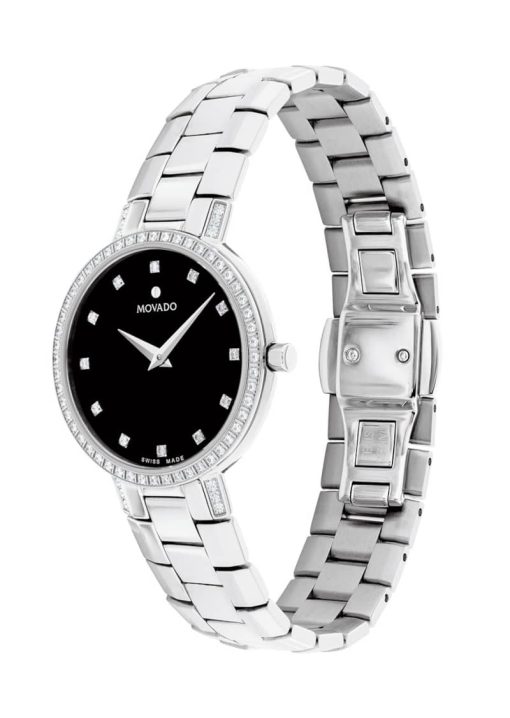 Movado Faceto Black w/ Diamonds Dial Silver Link Bracelet Watch, 28mm - Image 2