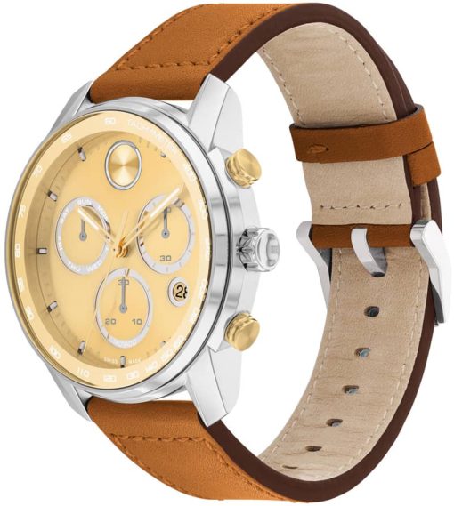 Movado BOLD Verso Gold-Toned Metallic Dial Camel Leather Strap Watch, 44mm - Image 2