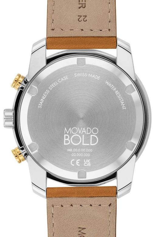 Movado BOLD Verso Gold-Toned Metallic Dial Camel Leather Strap Watch, 44mm - Image 3