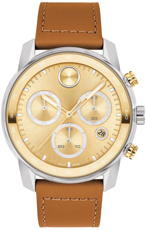Movado BOLD Verso Gold-Toned Metallic Dial Camel Leather Strap Watch, 44mm