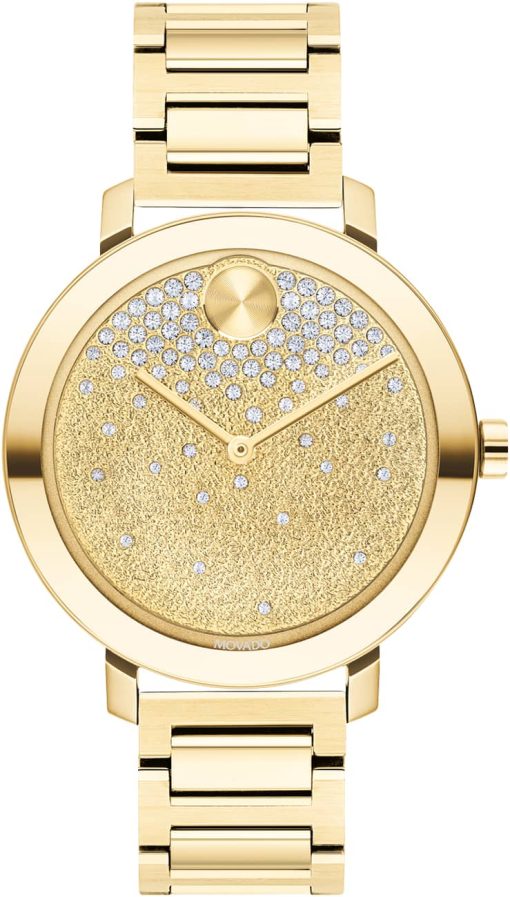 Movado BOLD Evolution Frosted Yellow Gold-Tone w/ Crystals Dial & Link Bracelet Watch, 34mm