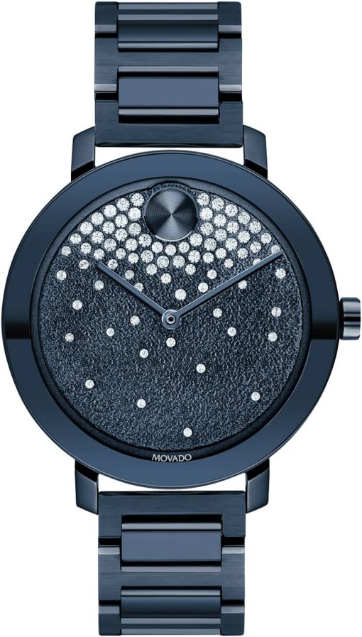 Movado BOLD Evolution Frosted Blue w/ Crystals Dial & Link Bracelet Watch, 34mm