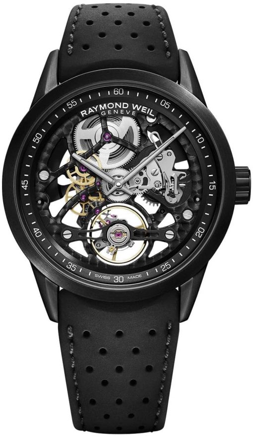 Raymond Weil Freelancer Mechanical Black Skeleton Dial & Rubber Strap Watch, 42mm
