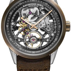 Raymond Weil Freelancer Grey Skeleton Dial Aged Brown Leather Strap Watch, 42mm
