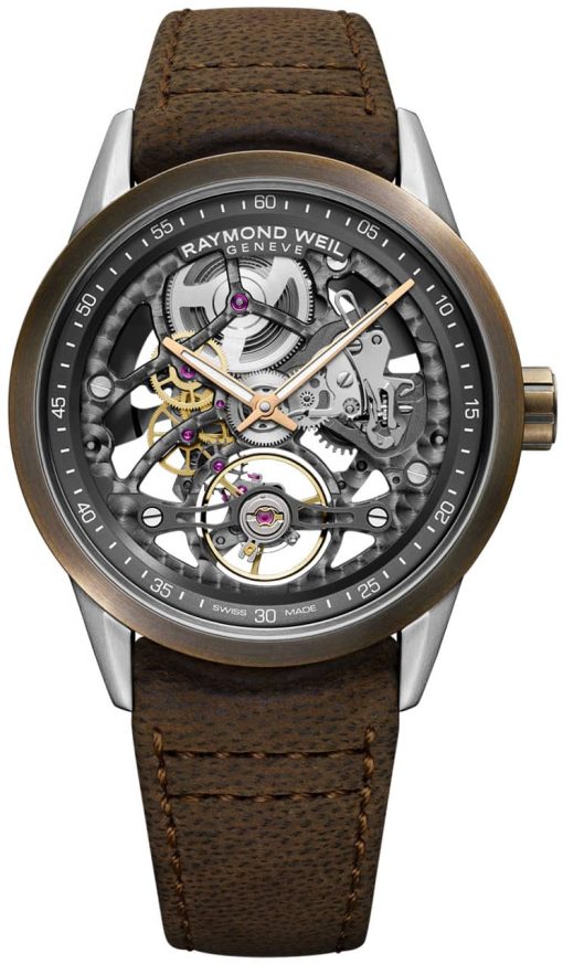 Raymond Weil Freelancer Grey Skeleton Dial Aged Brown Leather Strap Watch, 42mm