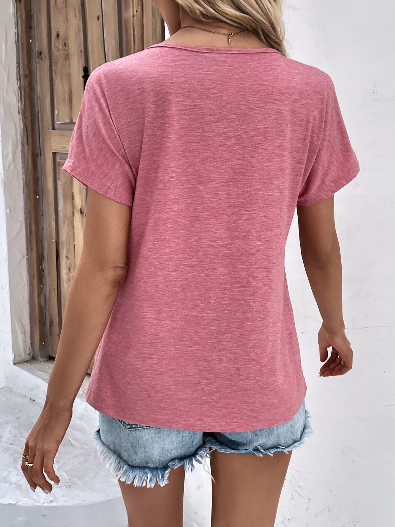 Button Detail V Neck Tee - Image 3
