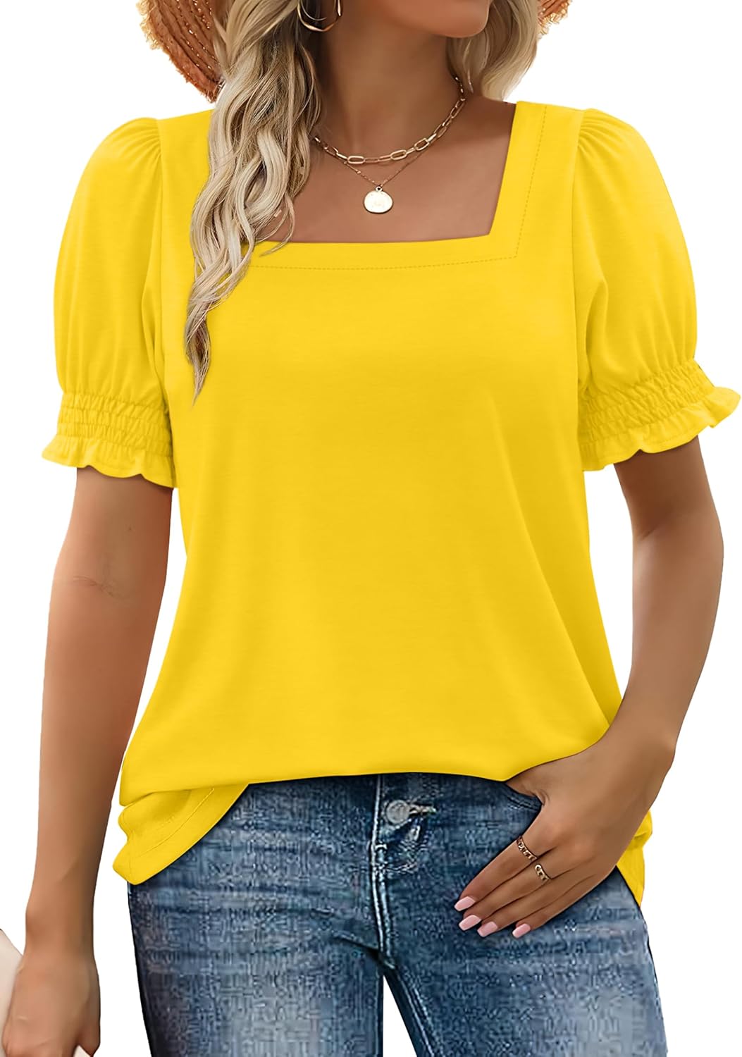 Women's Square Neck Smocked Sleeve Casual Tops - Image 10
