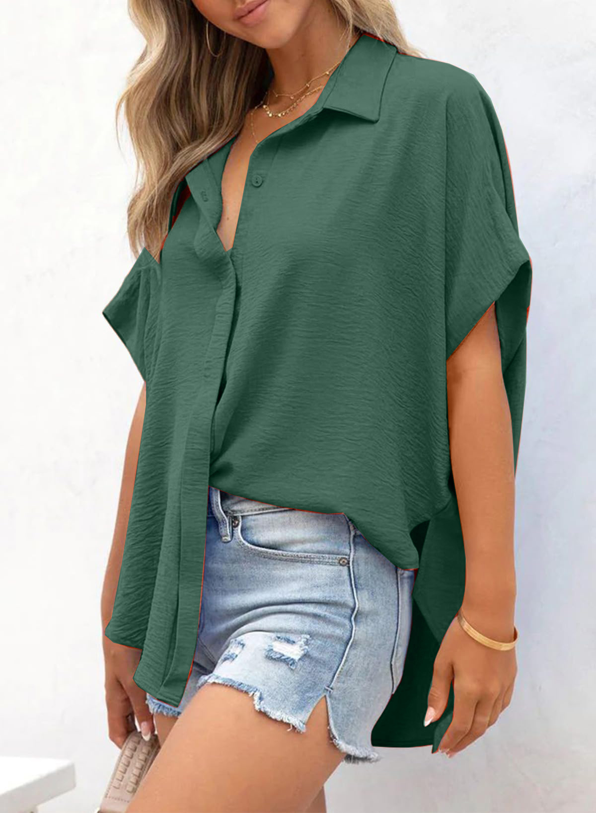 Women's Casual Short Sleeve Slit Hem Button Shirt - Image 10