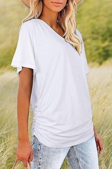 Women's Loose Fit Short Sleeve V Neck Shirts with Side Shirring - Image 3