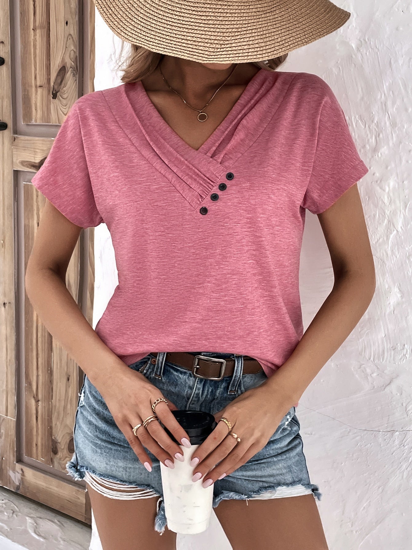 Button Detail V Neck Tee - Image 8
