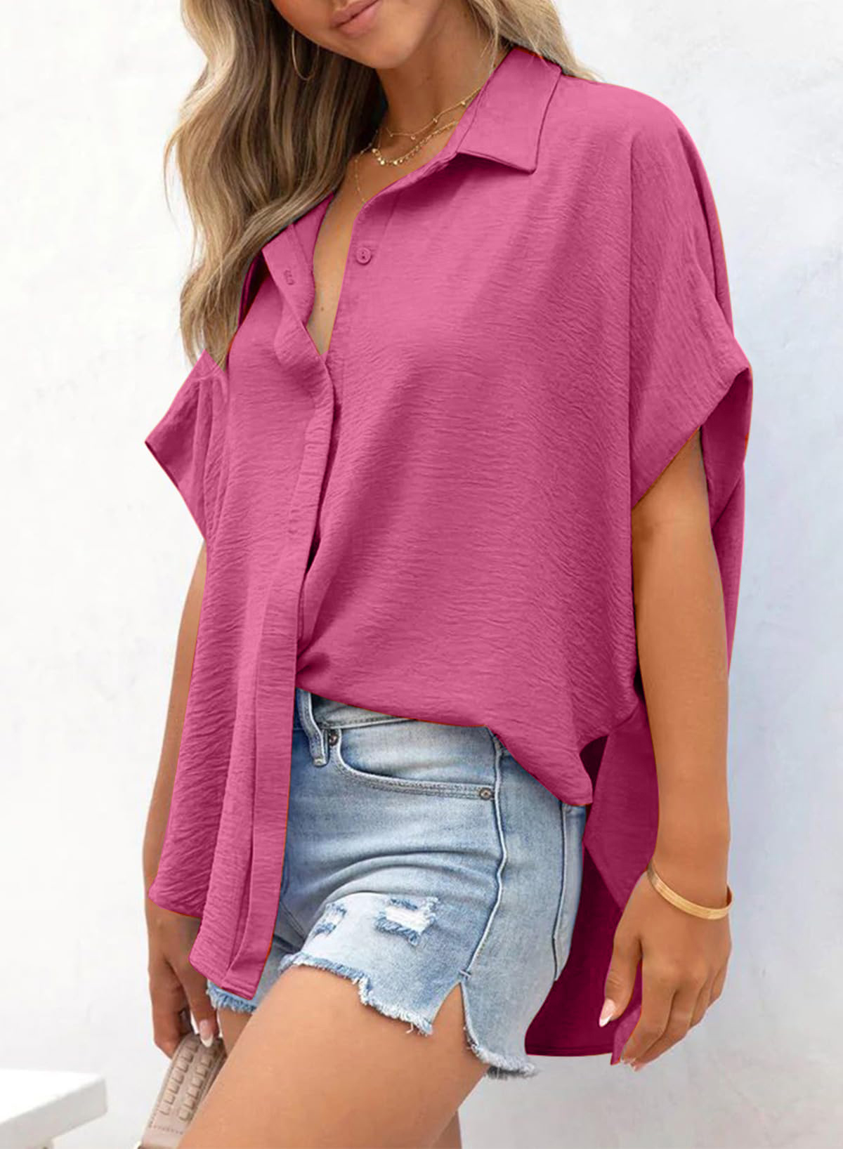Women's Casual Short Sleeve Slit Hem Button Shirt - Image 8