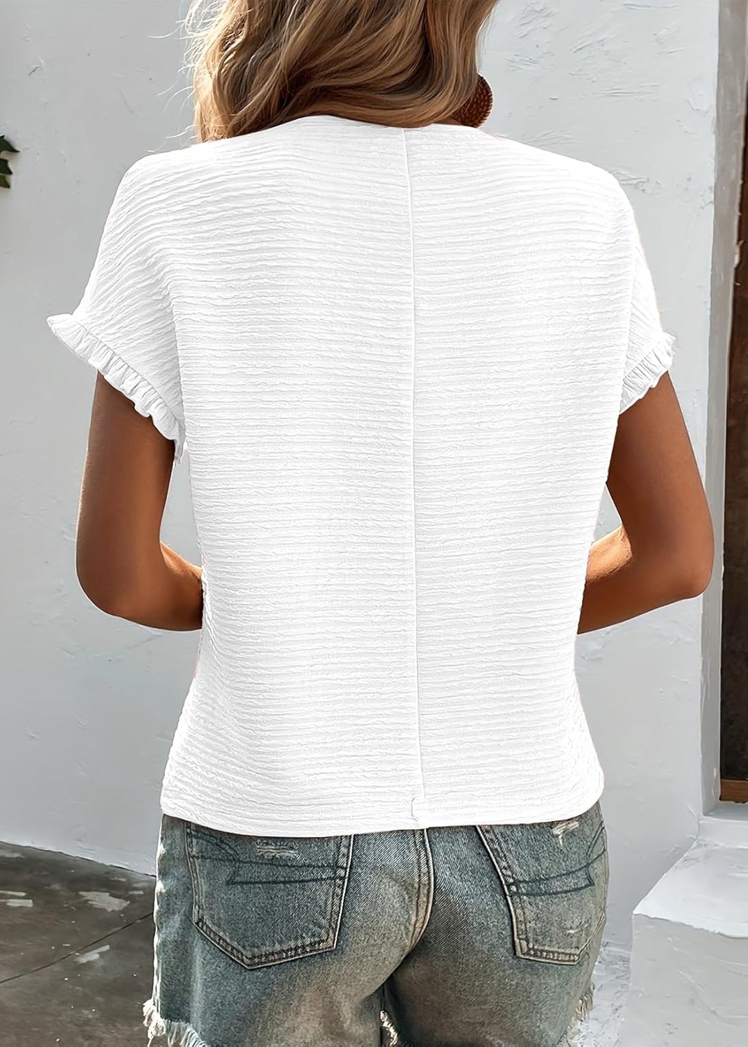 Women's Short Ruffle Sleeve Summer Textured T-Shirts - Image 6