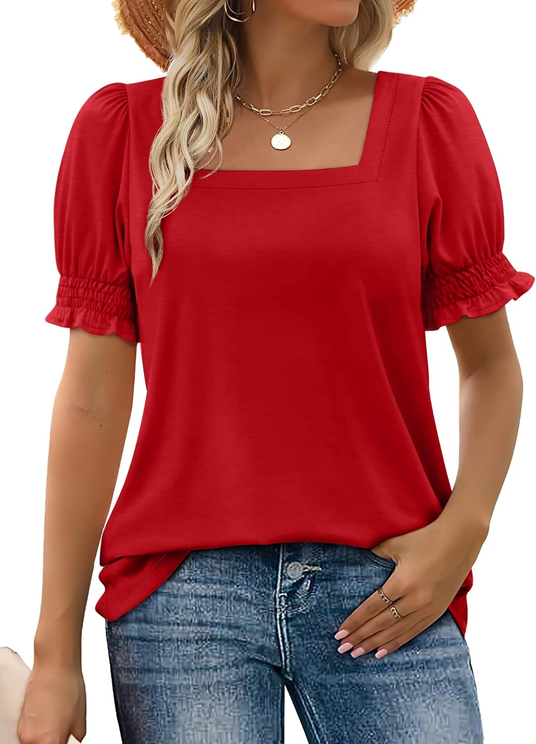 Women's Square Neck Smocked Sleeve Casual Tops - Image 8